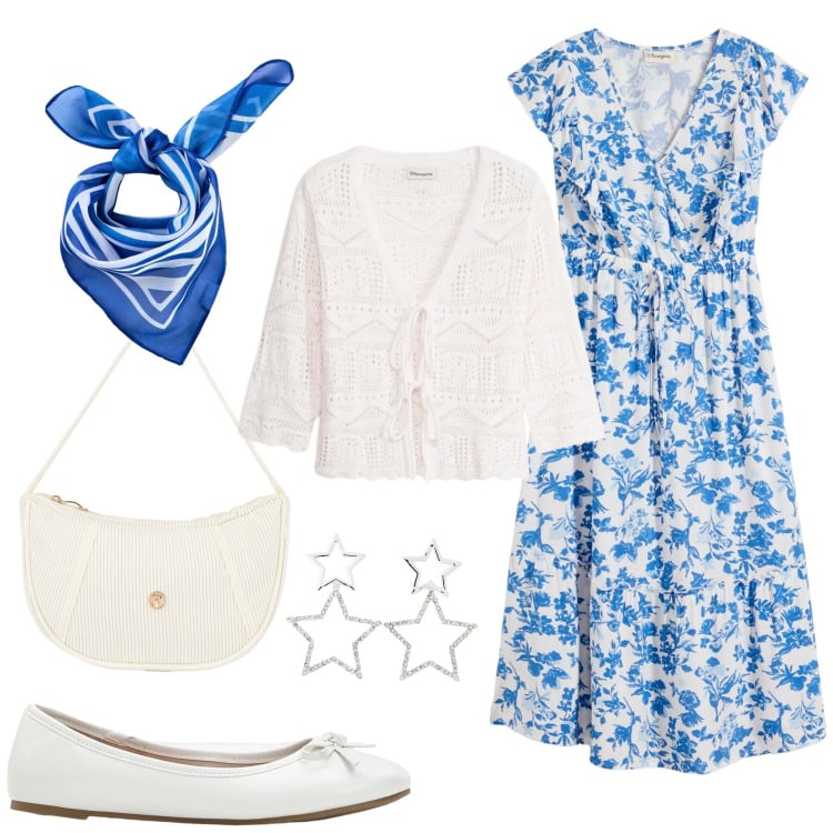 Outfit donna - Stile romantico primaverile. Stile Romantica per Tutti i giorni. Abbinamento con cardigans, ballerine, vestiti midi/longuette, foulard, orecchini, borse a mano.