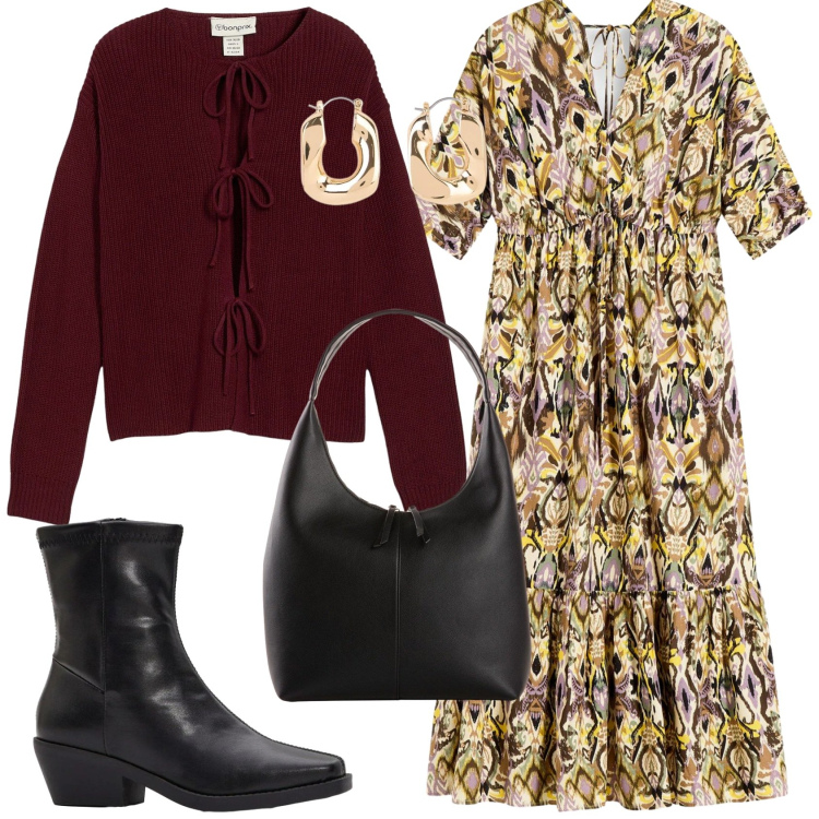 Outfit donna - Tessuto leggeri. Stile Romantica per Tutti i giorni. Abbinamento con vestiti midi/longuette, shopping bag, cardigans, stivaletti, orecchini.