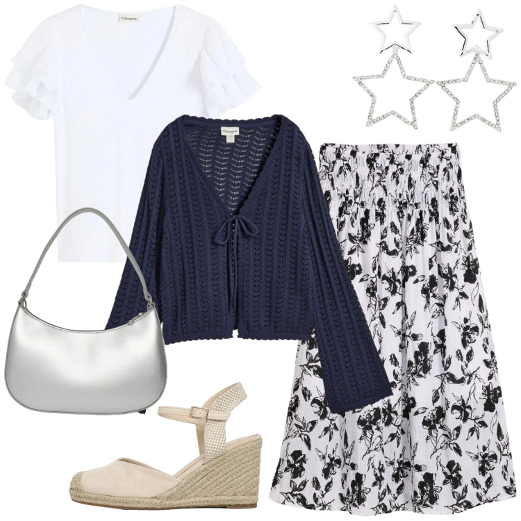 Outfit donna - Per la primavera. Stile Romantica per Tutti i giorni. Abbinamento con bluse, cardigans, gonne longuette, orecchini, borse a tracolla, zeppe.