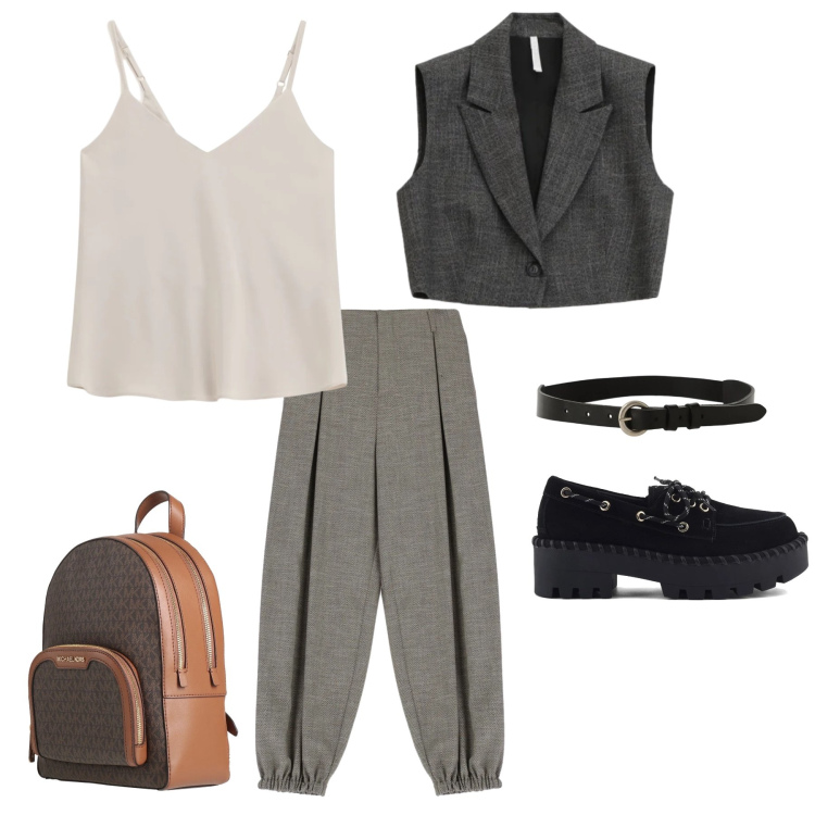 Outfit donna - Casual day. Abbinamento con zaini, gilet, pantaloni a palazzo, top, cinture, mocassini.