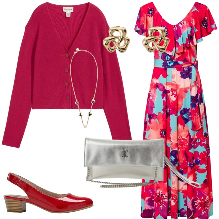 Outfit donna - Per una serata fuori. Stile Glamour per Serata fuori. Abbinamento con décolleté, vestiti lunghi, cardigans, borse a tracolla, orecchini, collane.