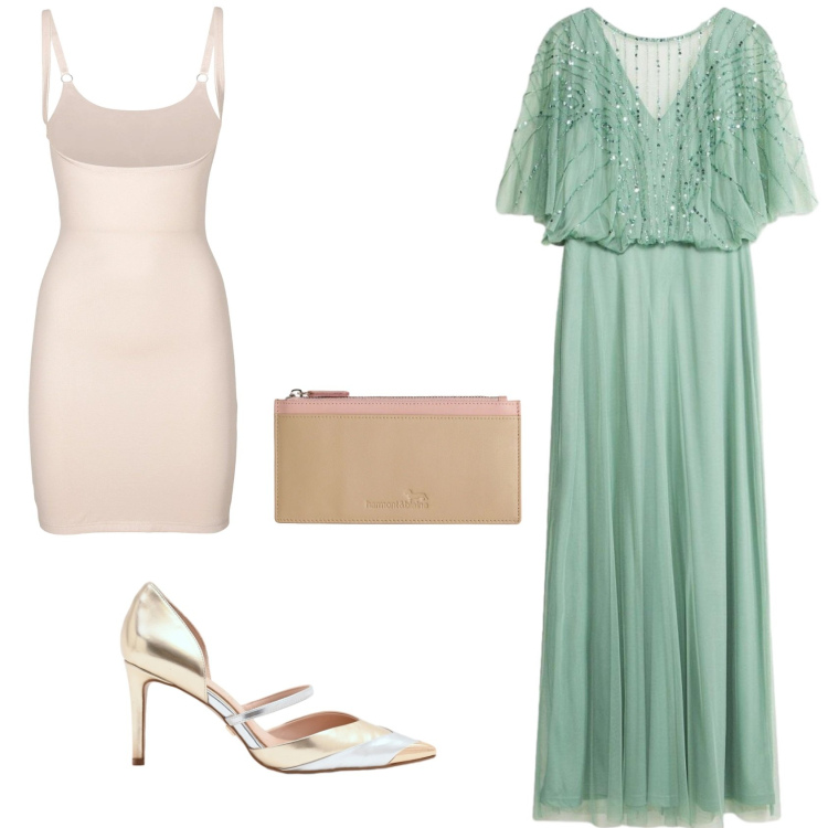 Outfit donna - L\'abito da cerimonia. Stile Glamour per Cerimonia. Abbinamento con vestiti lunghi, sottovesti, portafogli, décolleté.