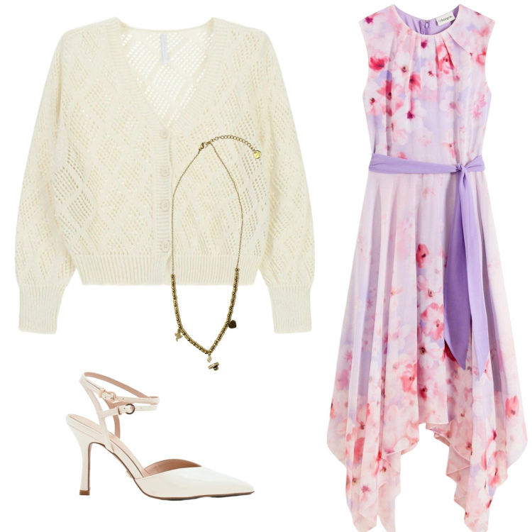 Outfit donna - Soffio di primavera. Stile Glamour per Cerimonia. Abbinamento con vestiti, cardigans, ciondoli, décolleté.