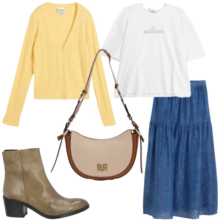 Outfit donna - Boho di primavera. Stile Boho per Tutti i giorni. Abbinamento con stivaletti, gonne lunghe, cardigans, t-shirt, borse a tracolla.