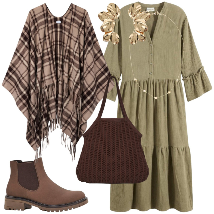 Outfit donna - A passeggio nella natura. Stile Boho per Tutti i giorni. Abbinamento con vestiti midi/longuette, collane, stivaletti, cappotti, shopping bag, orecchini.