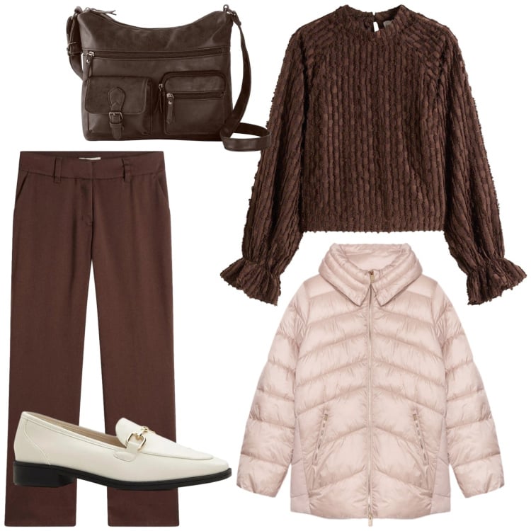 Outfit donna - Un outfit per marzo. Stile Casual chic per Tutti i giorni. Abbinamento con bluse, pantaloni, borse a tracolla, mocassini, piumini.