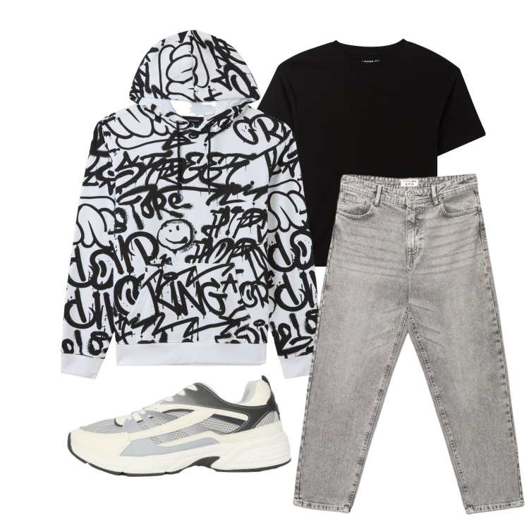 Outfit uomo - Marzo. Stile Urban per Tutti i giorni. Abbinamento con felpe con cappuccio, t-shirt, sneakers, jeans.