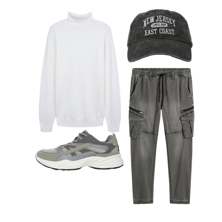 Outfit uomo - Marzo. Stile Urban per Tutti i giorni. Abbinamento con jeans dritti, sneakers, cappelli con visiera, maglieria.