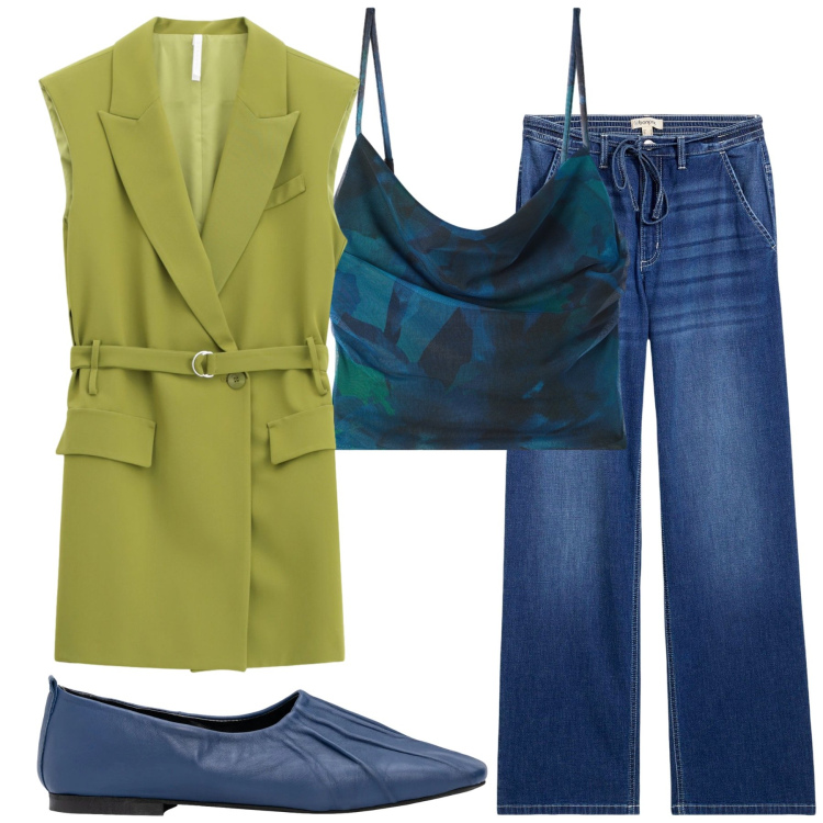Outfit donna - Verde Raffinato. Stile Casual per Scuola/Università. Abbinamento con jeans dritti, gilet, canottiere, foulard, braccialetti, ballerine.