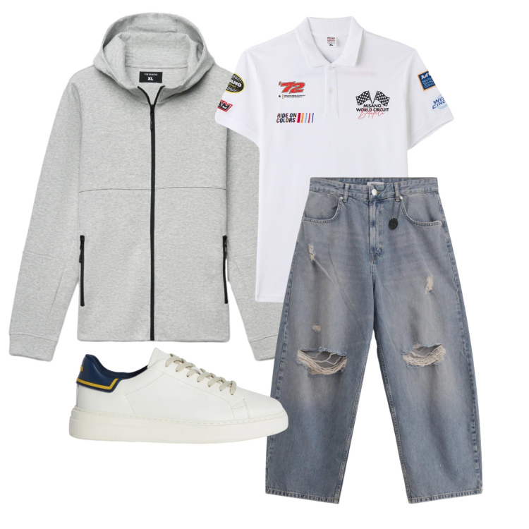 Outfit uomo - Marzo. Stile Trendy per Tutti i giorni. Abbinamento con sneakers, jeans strappati, polo, felpe con cappuccio.