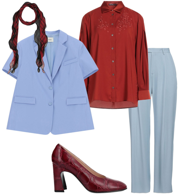 Outfit donna - Celeste e bordeaux. Stile Casual chic per Serata fuori. Abbinamento con décolleté, pantaloni, camicie, sciarpe, blazer.