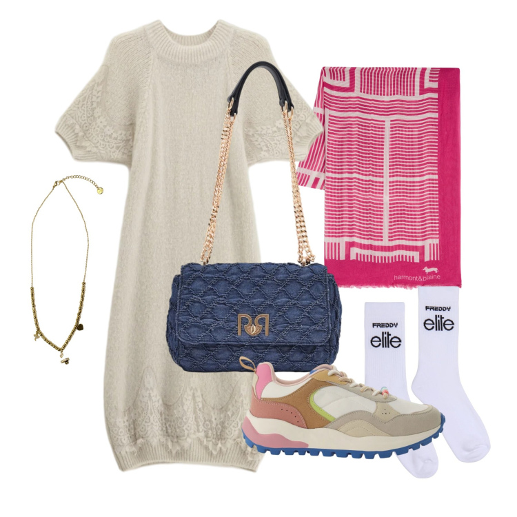 Outfit donna - Marzo. Stile Trendy per Tutti i giorni. Abbinamento con sciarpe, vestiti corti, sneakers, calzini, ciondoli, borse a spalla.