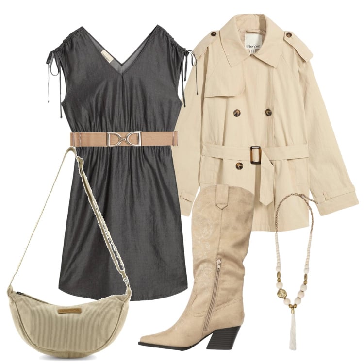 Outfit donna - Marzo. Stile Trendy per Tutti i giorni. Abbinamento con vestiti, trench, cinture, stivali, ciondoli, borse a tracolla.