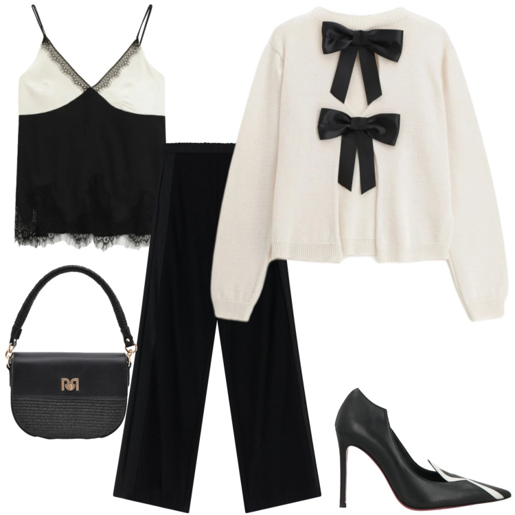 Outfit donna - Maglia leggera protagonista. Stile Casual chic per Serata fuori. Abbinamento con décolleté, pantaloni a palazzo, top, maglieria, borse a spalla.