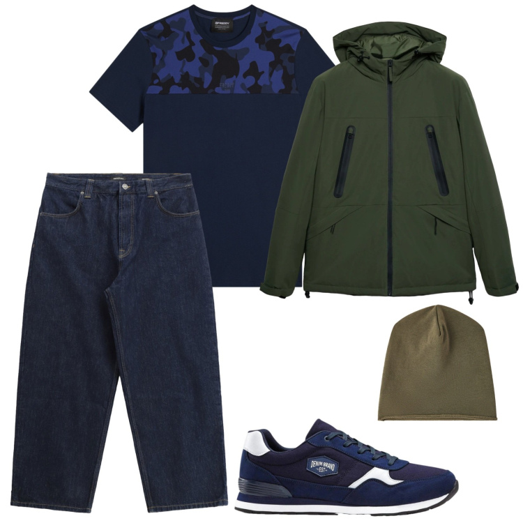 Outfit uomo - Marzo pazzerello. per Tutti i giorni. Abbinamento con sneakers, jeans, giacche, berretti, t-shirt.
