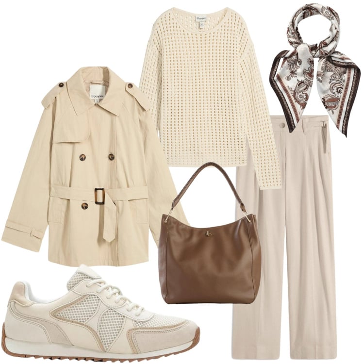 Outfit donna - Maglia leggera protagonista. Stile Casual chic per Ufficio. Abbinamento con sneakers alte, borse a tracolla, maglieria, pantaloni a palazzo, trench, foulard.