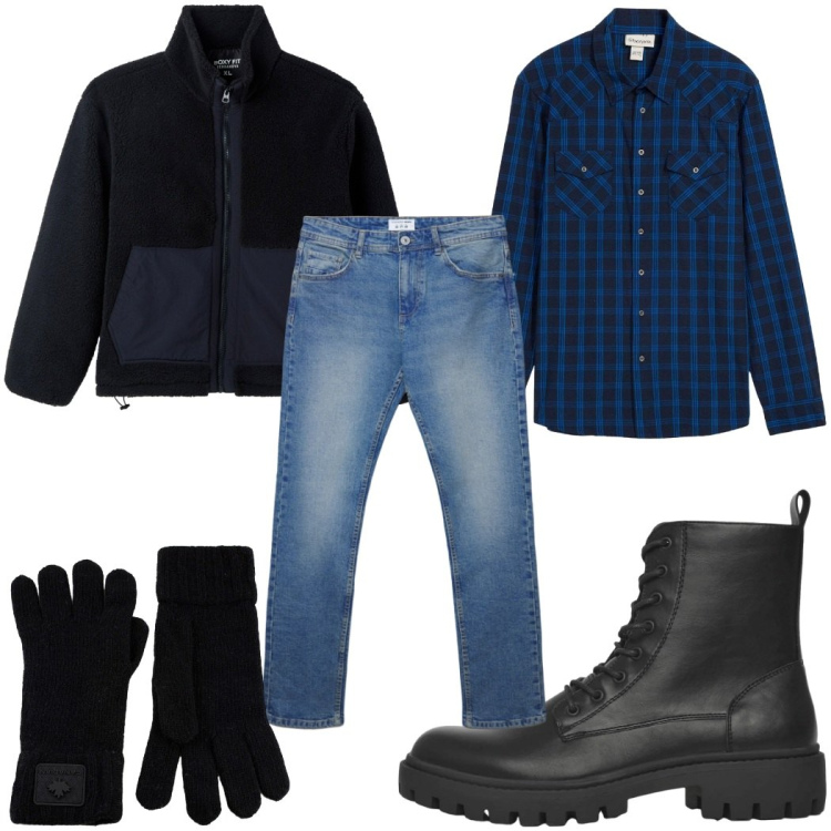 Outfit uomo - Total look #2361942. Stile Casual per Tutti i giorni. Abbinamento con camicie, anfibi, jeans dritti, cappotti, guanti.