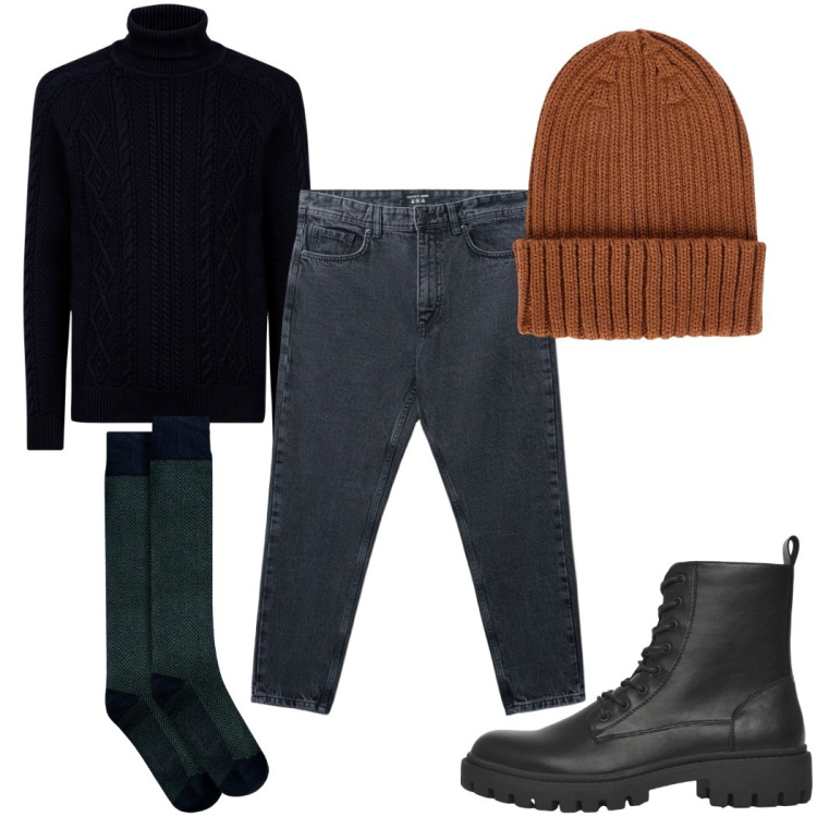 Outfit uomo - Total look #2361946. Stile Casual per Tutti i giorni. Abbinamento con anfibi, jeans strappati, berretti, maglieria, calzini.