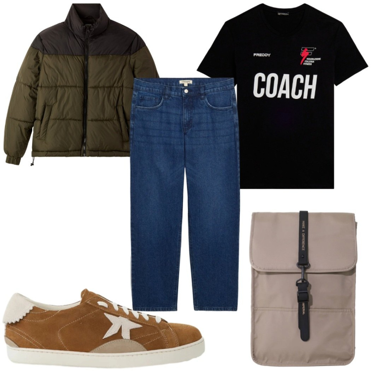 Outfit uomo - Total look #2361970. Stile Casual per Tutti i giorni. Abbinamento con jeans dritti, borse sportive, sneakers, bomber, t-shirt.