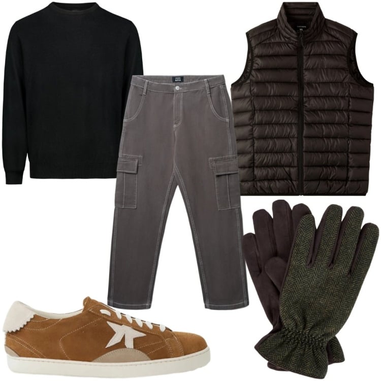 Outfit uomo - Total look #2361971. Stile Casual per Tutti i giorni. Abbinamento con sneakers, pantaloni cargo, piumini, maglieria, guanti.