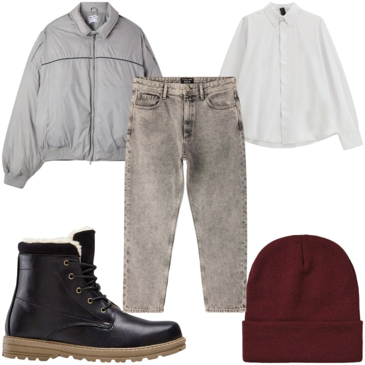 Outfit uomo - Total look #2361972. Stile Casual per Tutti i giorni. Abbinamento con stivali e stivaletti, camicie, jeans dritti, berretti, bomber.