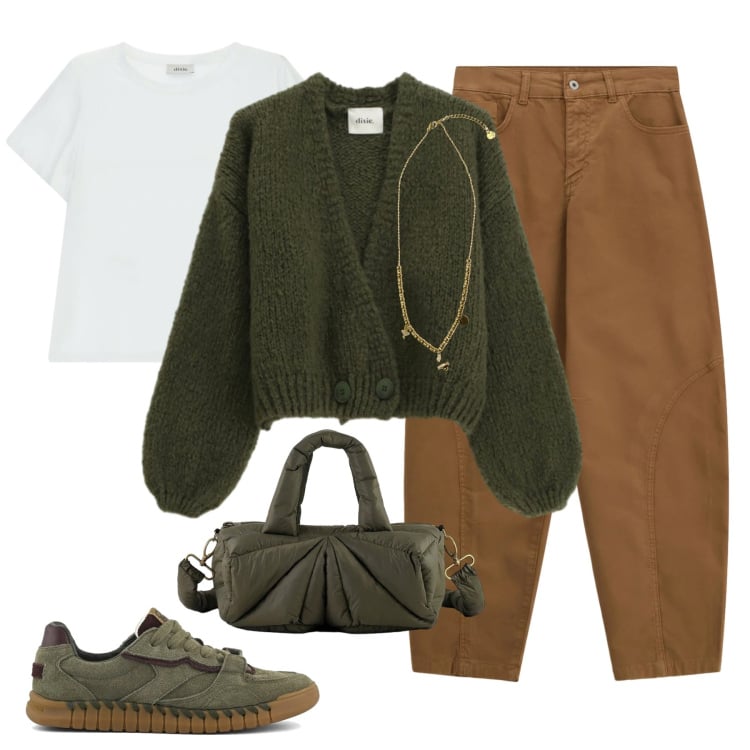 Outfit donna - il cardigan verdone. Stile Casual per Tutti i giorni. Abbinamento con pantaloni, cardigans, t-shirt, ciondoli, borse a mano, sneakers.