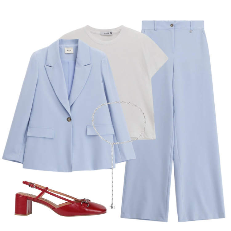 Outfit donna - tailleur celeste. Stile Basic per Tutti i giorni. Abbinamento con décolleté, pantaloni a palazzo, blazer, t-shirt, cinture.