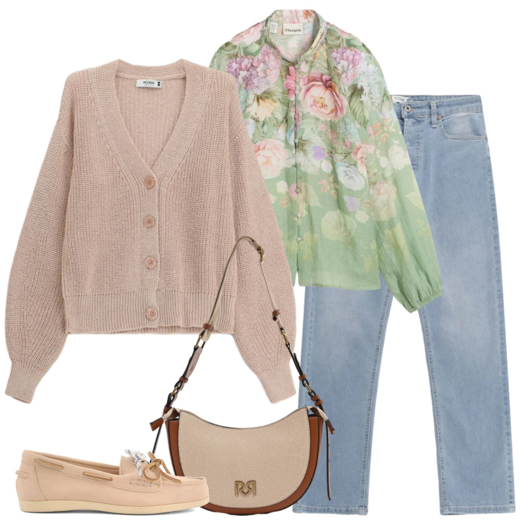 Outfit donna - Romantica a marzo. Stile Casual per Tutti i giorni. Abbinamento con tuniche, jeans, cardigans, borse a tracolla, mocassini.