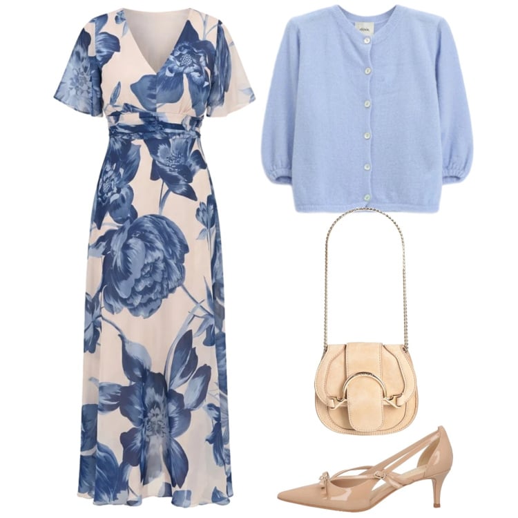 Outfit donna - Cielo e crema. Stile Romantica per Cerimonia. Abbinamento con décolleté, marsupi, vestiti lunghi, cardigans.