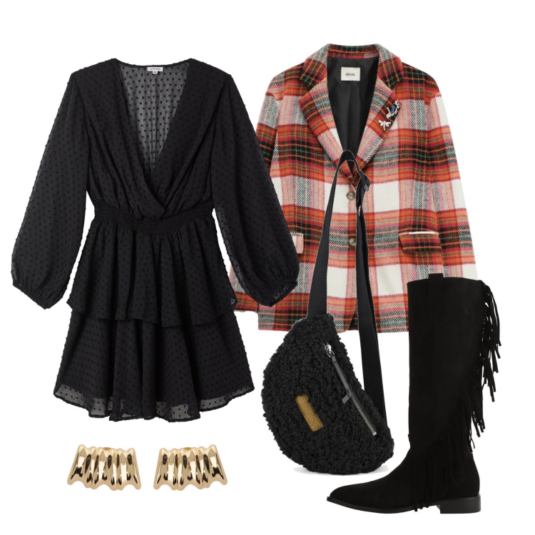 Outfit donna - Marzo. Stile Trendy per Tutti i giorni. Abbinamento con vestiti corti, stivali sopra il ginocchio, blazer, orecchini, marsupi.