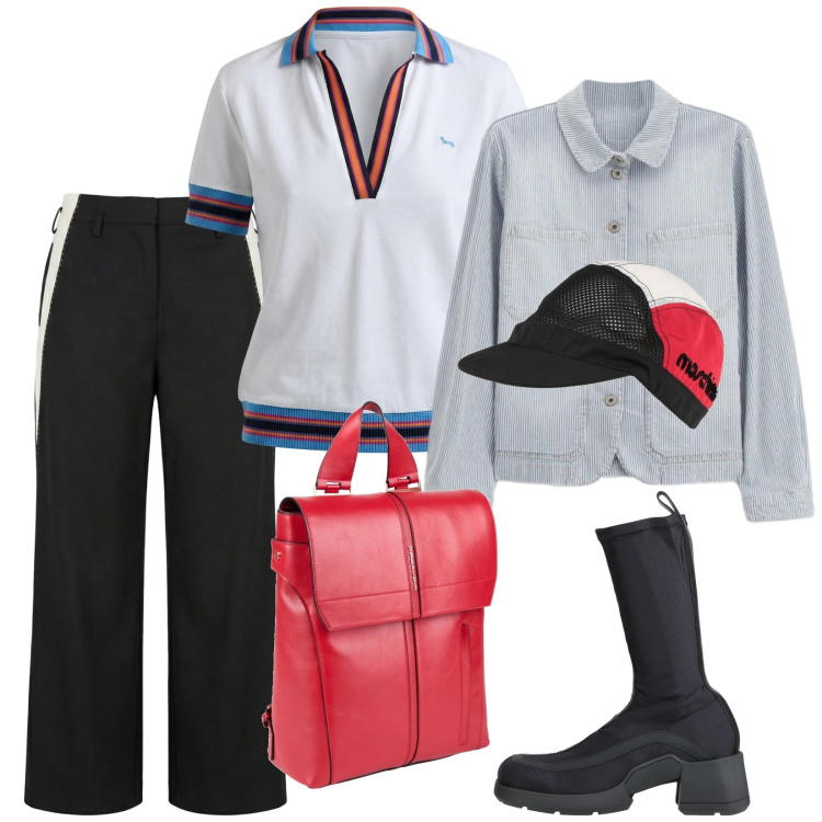 Outfit donna - Pomeriggio in centro. Stile Trendy per Tutti i giorni. Abbinamento con stivali, zaini, cappelli, pantaloni, polo, blazer.