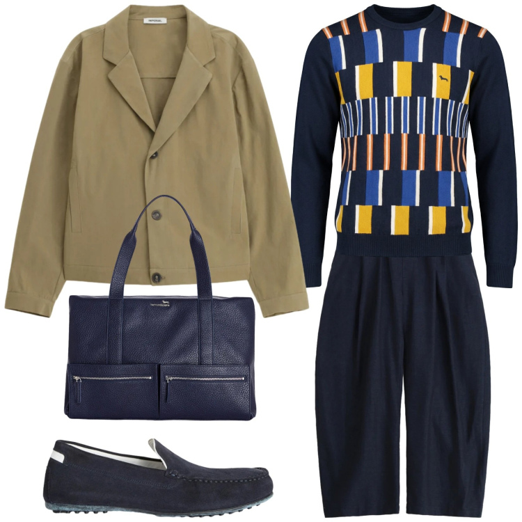 Outfit uomo - Modalità shopping. Stile Trendy per Tutti i giorni. Abbinamento con scarpe stringate, borse sportive, pullovers, pantaloni, giacche.