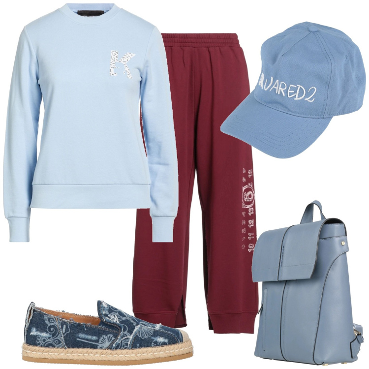 Outfit donna - Contrasto celeste e bordeaux. Stile Sporty chic per Tutti i giorni. Abbinamento con espadrillas, cappelli con visiera, zaini, pantaloni, felpe.
