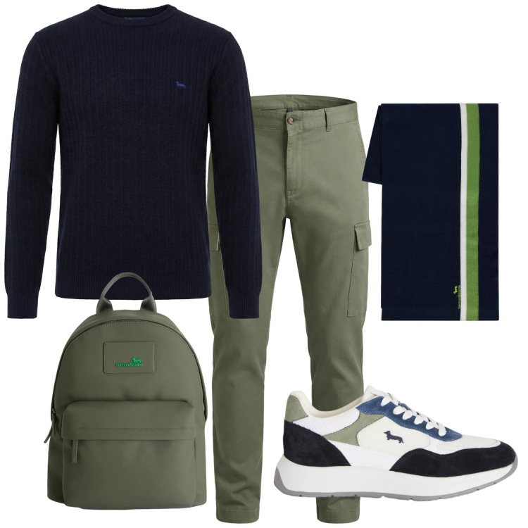 Outfit uomo - Blu e verde. Stile Urban per Tutti i giorni. Abbinamento con pantaloni cargo, sneakers, pullovers, borse sportive, sciarpe.