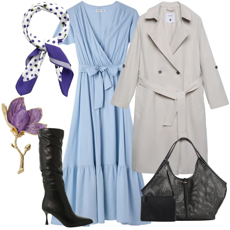 Outfit donna - Spilla amarcord. Stile Chic per Ufficio. Abbinamento con shopping bag, trench, foulard, vestiti lunghi, stivali sopra il ginocchio, blazer.