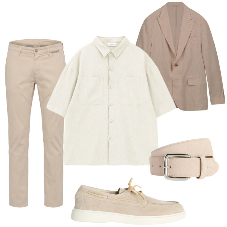 Outfit uomo - Primavera sabbia. Stile Trendy per Serata speciale. Abbinamento con scarpe stringate, cinture, pantaloni, camicie a manica corta, giacche.