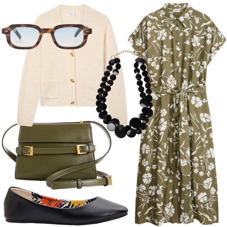 Outfit donna - Comoda in ufficio. Stile Bon Ton per Ufficio. Abbinamento con vestiti, ballerine, borse a tracolla, cardigans, occhiali da sole, collane.