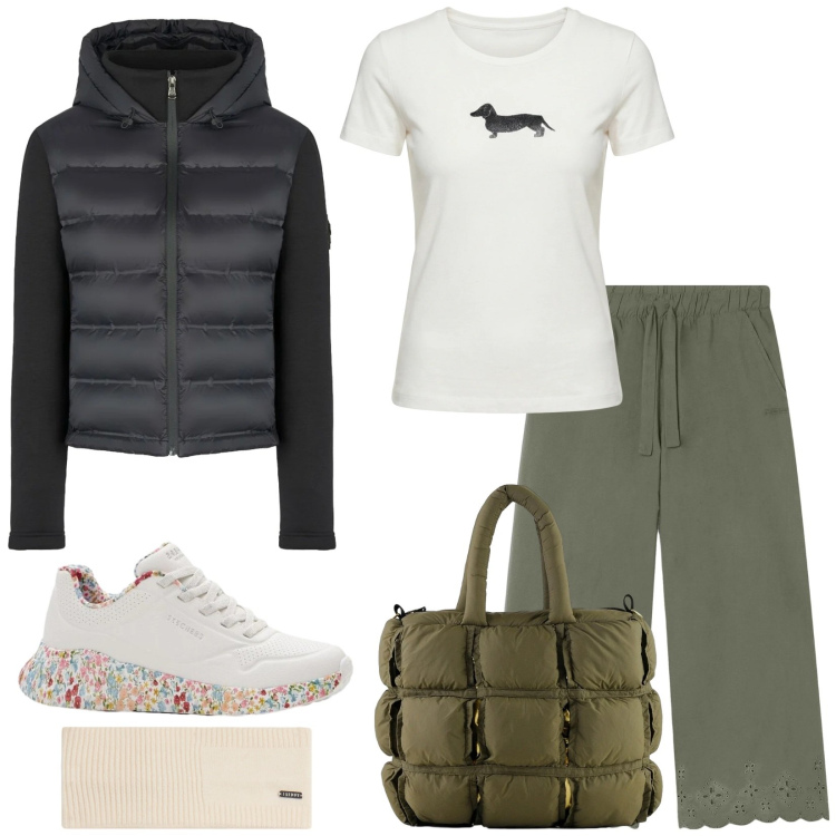 Outfit donna - Total look #2362023. Stile Sporty chic per Tutti i giorni. Abbinamento con sneakers, t-shirt, pantaloni, accessori per capelli, borse a mano, piumini.