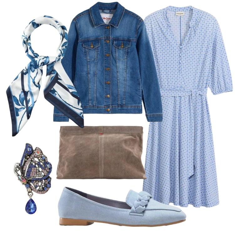 Outfit donna - Morbido azzurro in stile curvy. Stile Casual chic per Ufficio. Abbinamento con vestiti, blazer, mocassini, foulard, ciondoli, pochette.