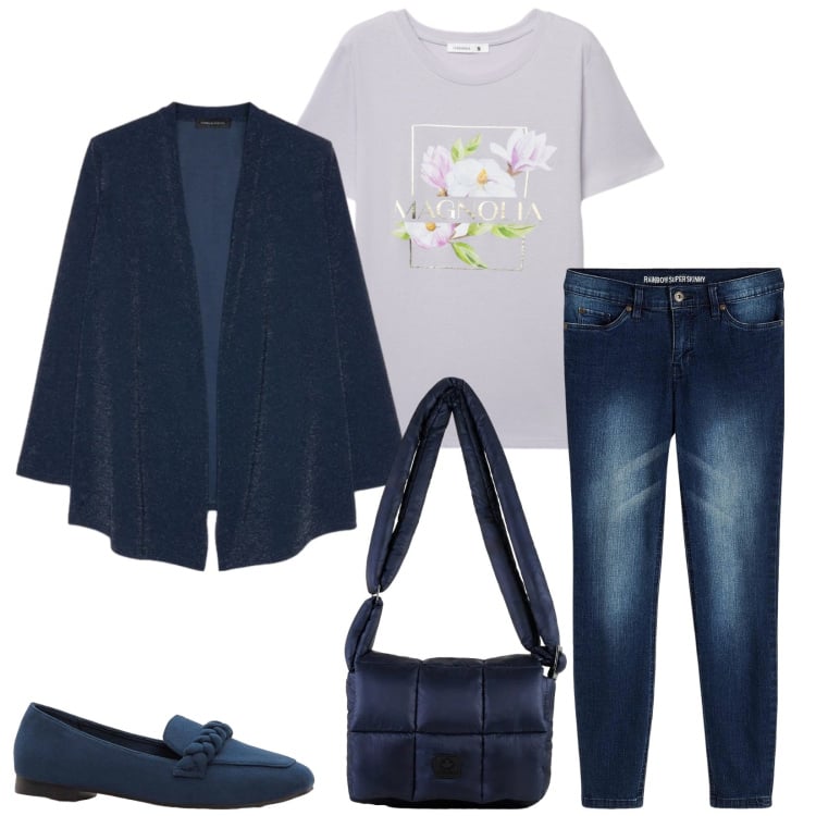 Outfit donna - Total look #2362027. Stile Casual per Tutti i giorni. Abbinamento con jeans skinny, mocassini, t-shirt, cardigans, borse a spalla.