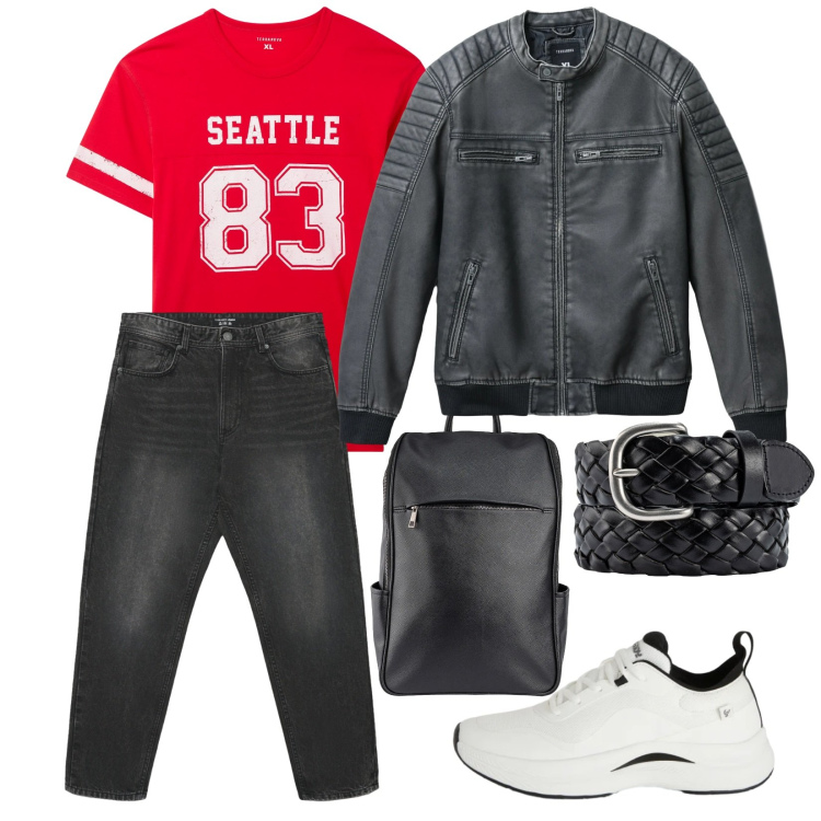 Outfit uomo - Sportivo in città. per Tutti i giorni. Abbinamento con giacche, t-shirt sportive, jeans, sneakers, borse sportive, cinture.