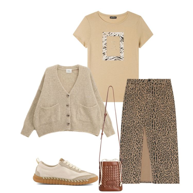 Outfit donna - Total look #2362032. Stile Casual chic per Tutti i giorni. Abbinamento con borse a secchiello, cardigans, gonne, t-shirt, sneakers.