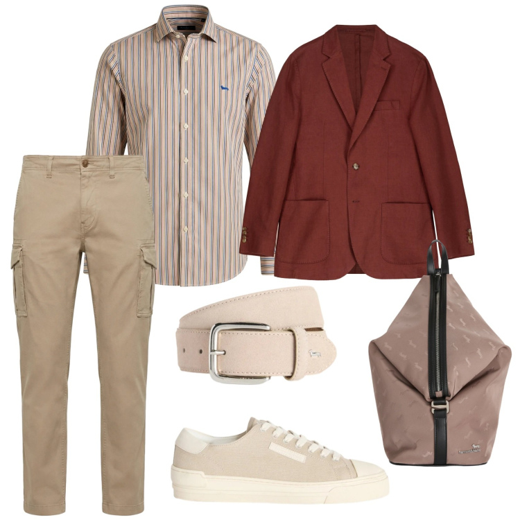 Outfit uomo - A lavoro e poi si parte. per Ufficio. Abbinamento con camicie, sneakers, pantaloni cargo, cinture, borse sportive, giacche.