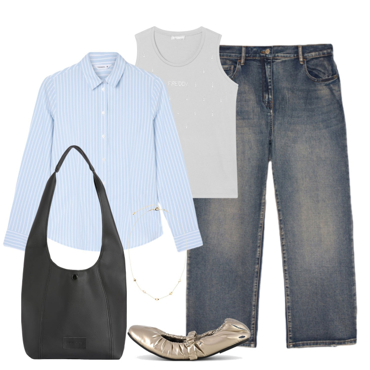 Outfit donna - inizia la primavera in uni. Stile Basic per Scuola/Università. Abbinamento con collane, camicie, jeans, borse a spalla, canottiere, ballerine.