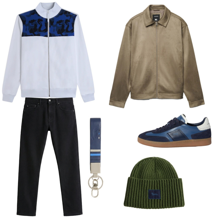Outfit uomo - Fresco lunedì. Stile Casual per Tutti i giorni. Abbinamento con jeans, sneakers, portachiavi, berretti, giacche, felpe.