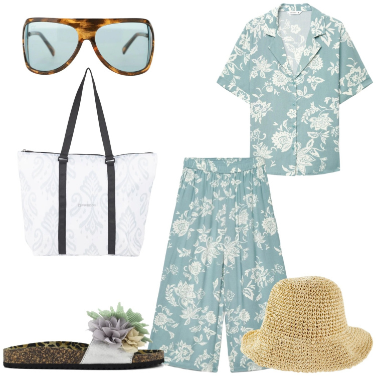 Outfit donna - Total look #2362076. Stile Chic per Mare. Abbinamento con cappelli, pantaloni a palazzo, camicie a manica corta, occhiali da sole, shopping bag, ciabatte.