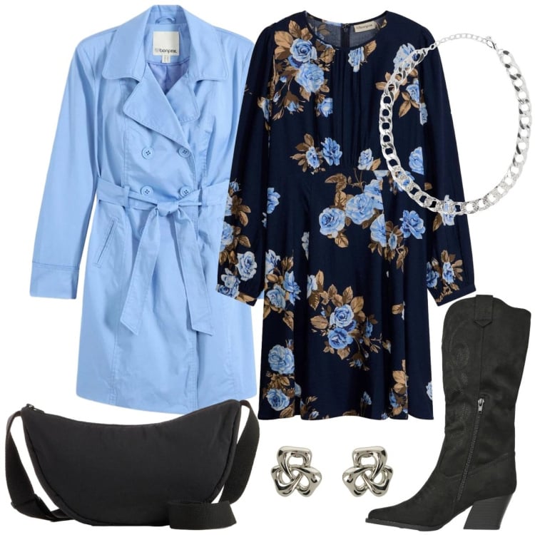 Outfit donna - Abiti che si muovono con te - Curvy. Stile Casual chic per Tutti i giorni. Abbinamento con vestiti, trench, borse a tracolla, collane, stivali, orecchini.