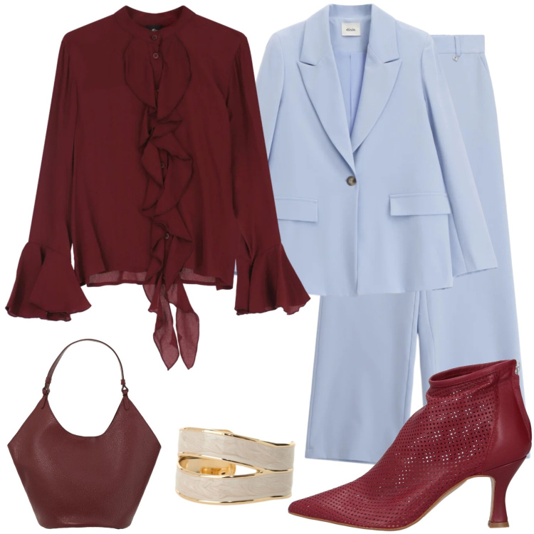 Outfit donna - IncontroSofisticato: Bordeaux e Celeste. Stile Chic per Cerimonia. Abbinamento con stivaletti, borse a spalla, pantaloni a palazzo, blazer, anelli, camicie.