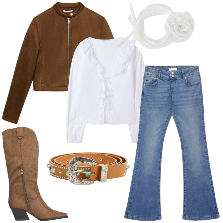 Outfit donna - Terranova - Desert Code. Stile Sporty chic per Tutti i giorni. Abbinamento con giacche, cinture, collane, camicie, stivali, jeans a zampa.