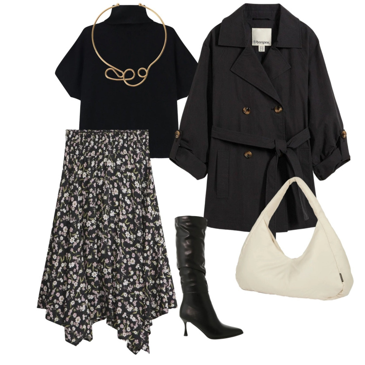 Outfit donna - Focus donna. per Tutti i giorni. Abbinamento con trench, gonne longuette, stivali sopra il ginocchio, maglieria, collane, borse a spalla.